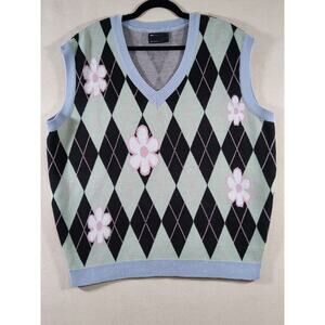 Floral Oversized Sweater Vest Small Argyle Y2K Knit Top